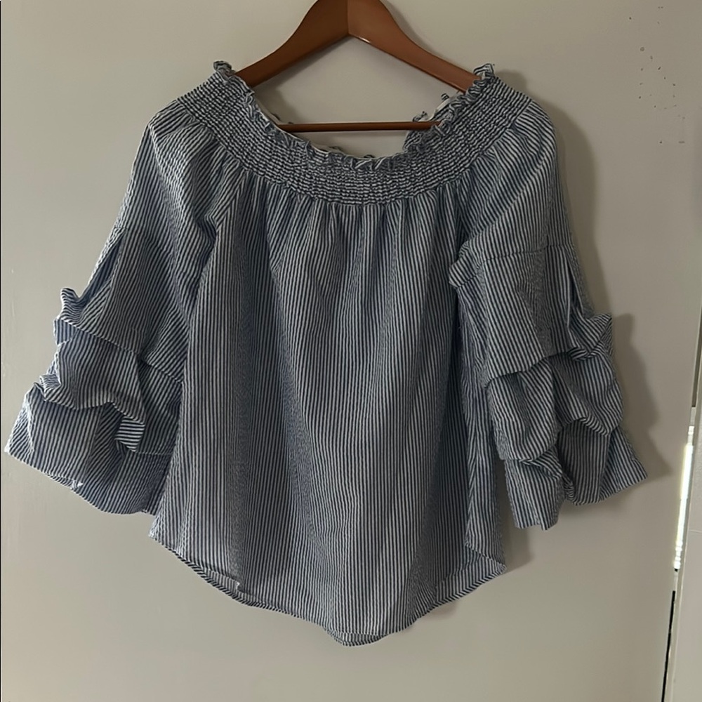 Blue/White Smocked Ruffled Bell Sleeve Blouse